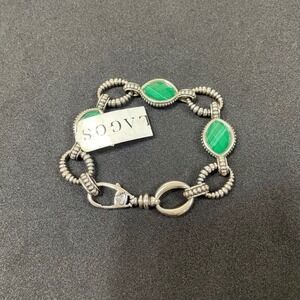 LAGOS Sterling Silver Malachite Deublet Green Venus Station Oval Link Bracelet‎